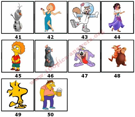 100 Pics Cartoon Characters 2 Level 41-50 Answers - 100 Pics Answers